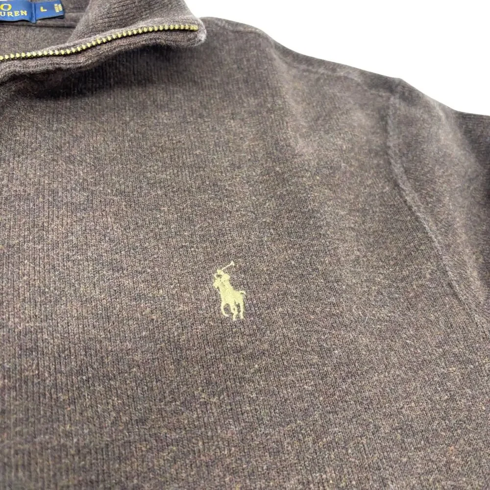 Polo Ralph Lauren Large Brown 1/4 Zip Cotton Pullover Long Sleeve Sweater